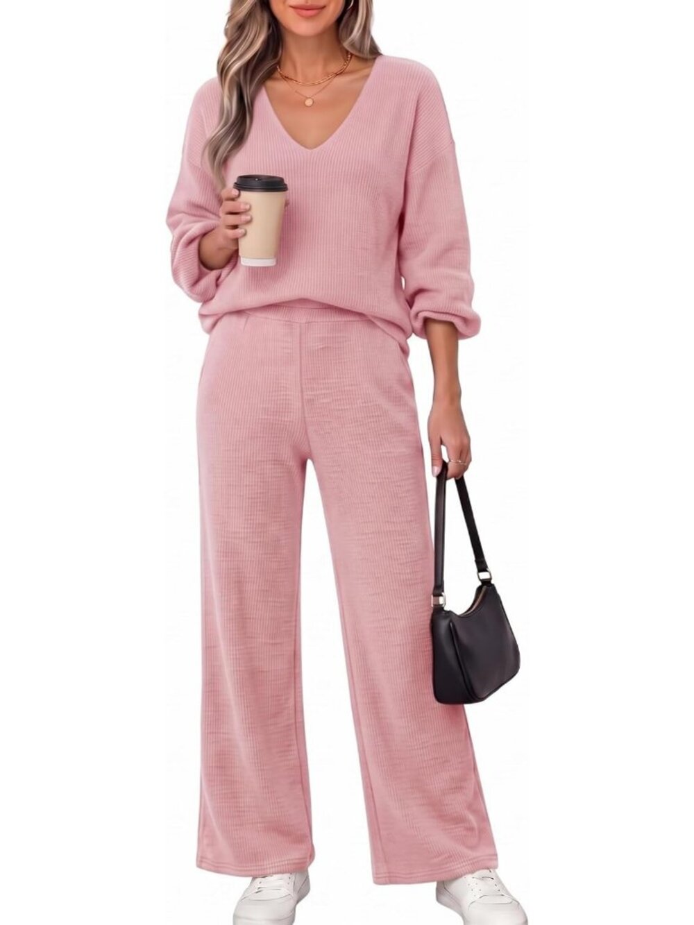 Chic Pink 2-Piece Long Sleeve Sweater Top & Wide Leg Pants Set for Women